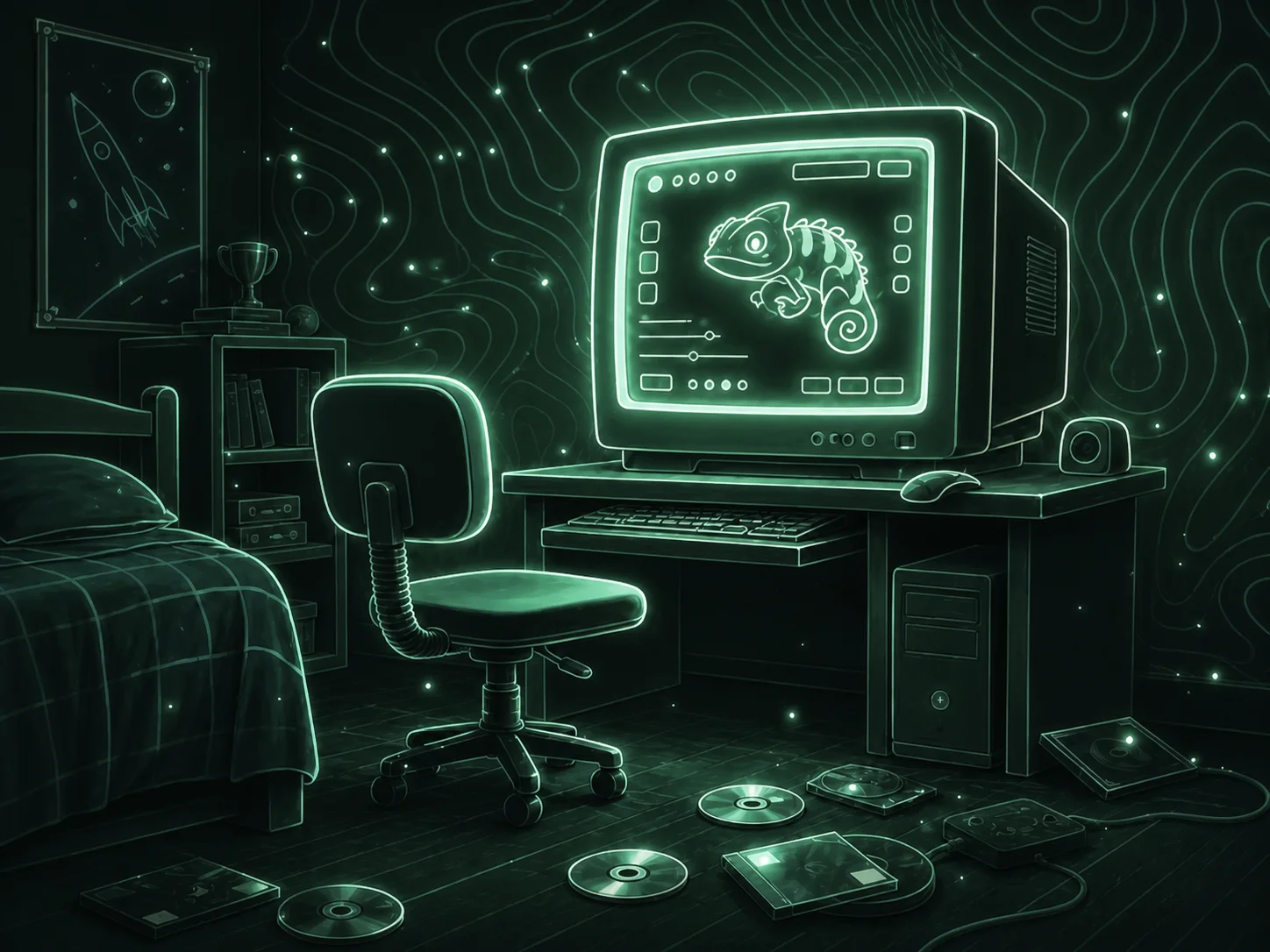 A 2000s bedroom, a CRT glowing with a chameleon game avatar