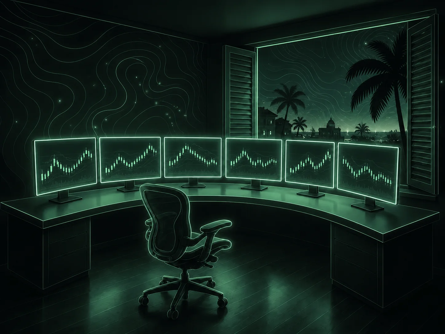A lone six-monitor trading desk at night in San Juan