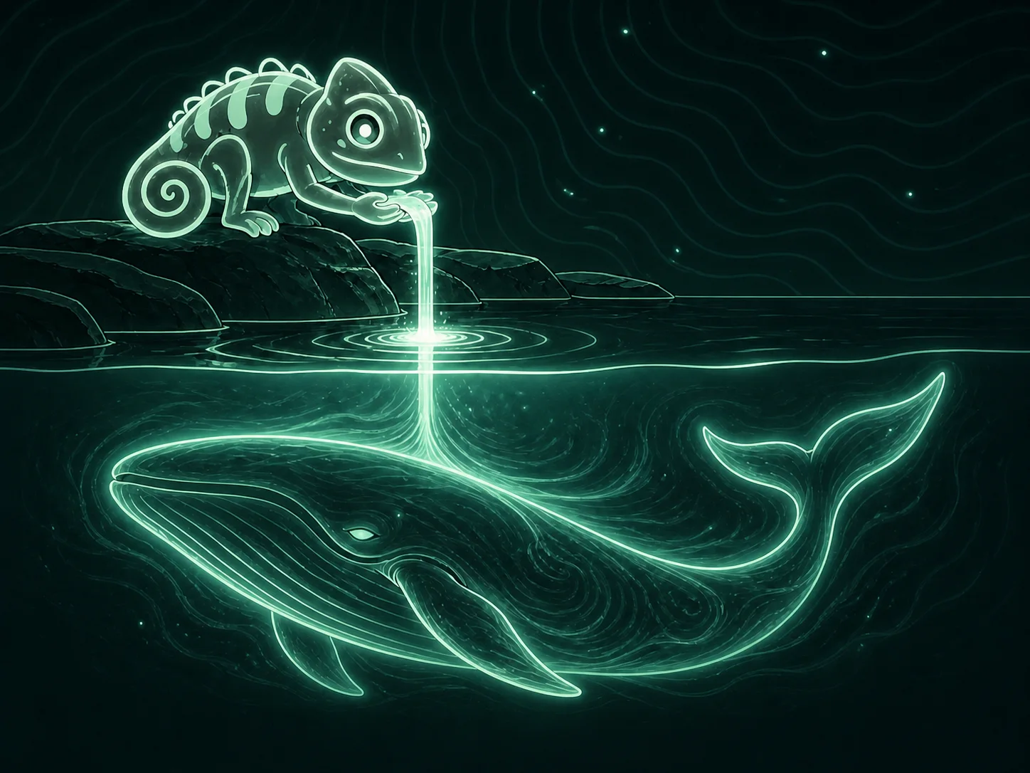 The chameleon pours light into dark water where a whale forms