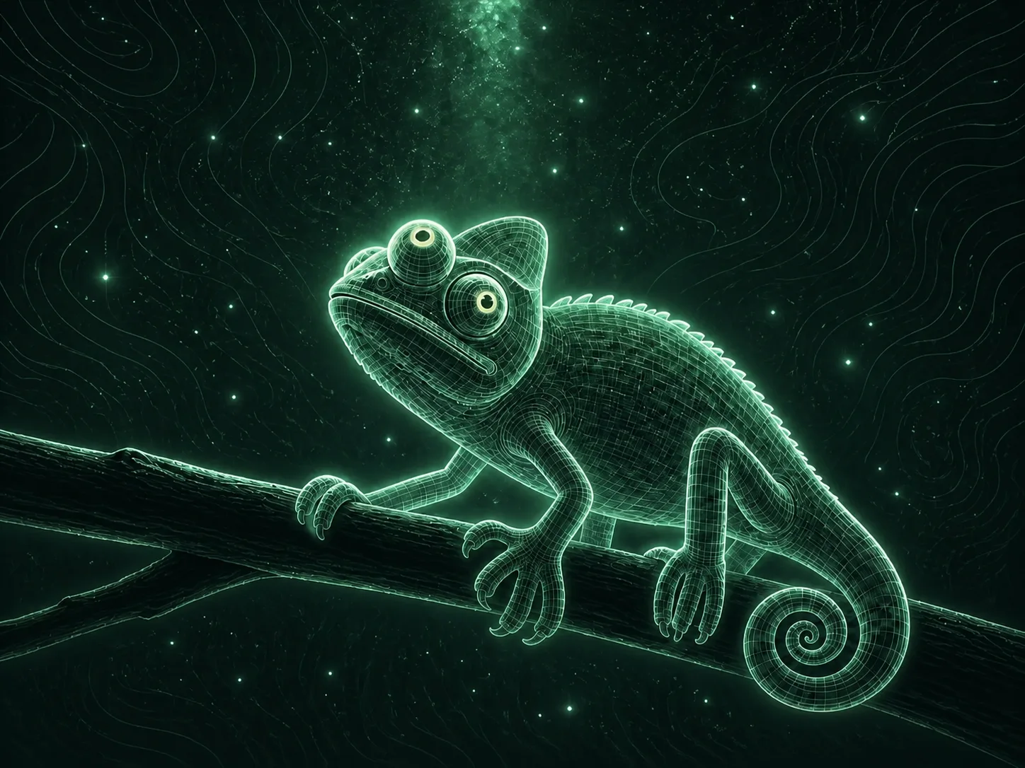 The chameleon under the stars, eyes aimed two ways